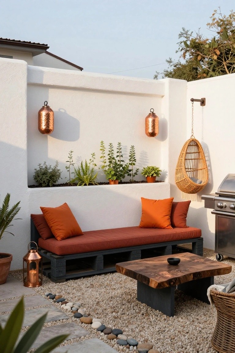 White stucco patio wall with herb plants in niches and copper lanterns, orange-cushioned pallet daybed, wood slab coffee table, rattan hanging chair, potted plants, and stainless steel barbecue on gravel floor with stone borders.