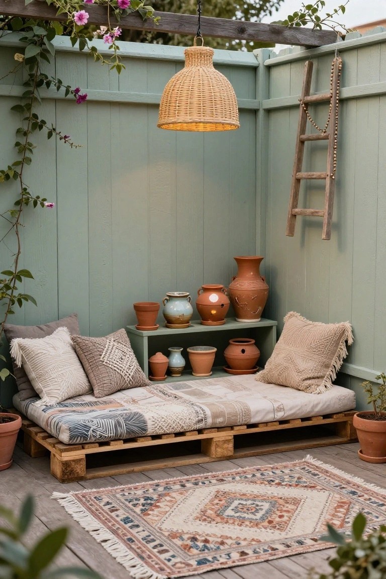 Outdoor corner seating area with mint green wood fences, a low pallet platform bed topped with cushions and a woven blanket, terracotta pots on shelves, hanging rattan lantern, and climbing vines.