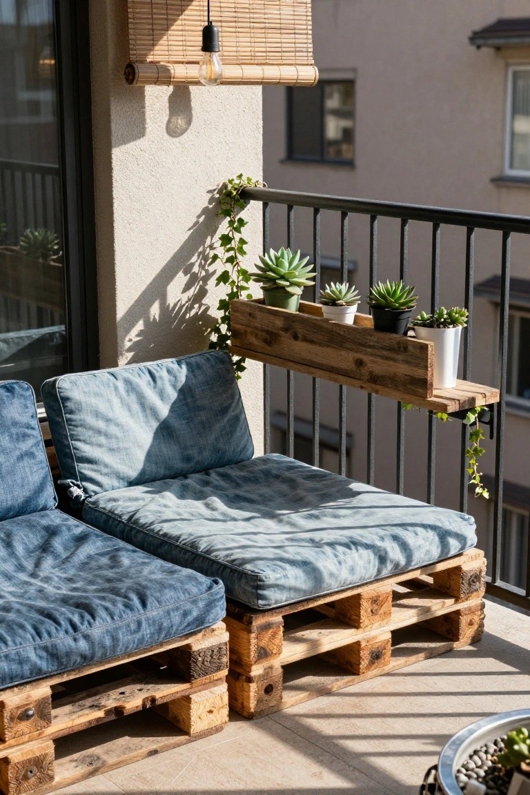 Balcony with two adjacent pallet-based sofas topped with blue cushions, wooden shelf on black railing holding potted succulents and ivy plants, hanging bamboo blind with bulb light, and metal tray with small plants on the floor.