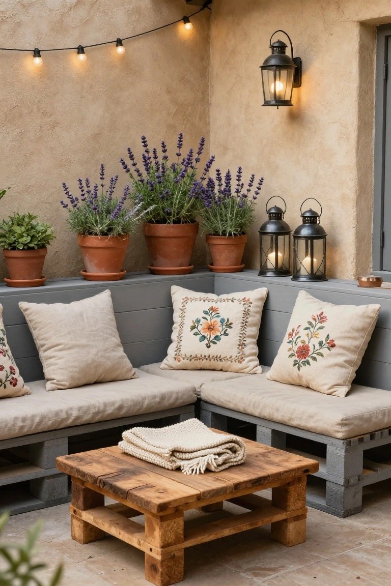 Gray pallet sofa with beige cushions and embroidered pillows in a corner of an outdoor patio, wooden pallet coffee table with knit throw, potted plants and lavender on shelves above, lanterns, string lights, and beige stucco walls.