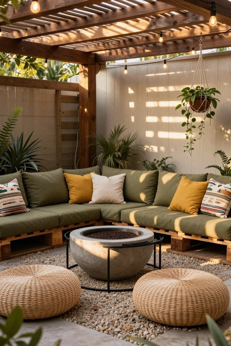 L-shaped outdoor sofa made from wooden pallets with green cushions and colorful throw pillows surrounding a black metal fire pit bowl on a concrete base, flanked by wicker poufs on a gravel patio under a wooden pergola with string lights and potted plants.