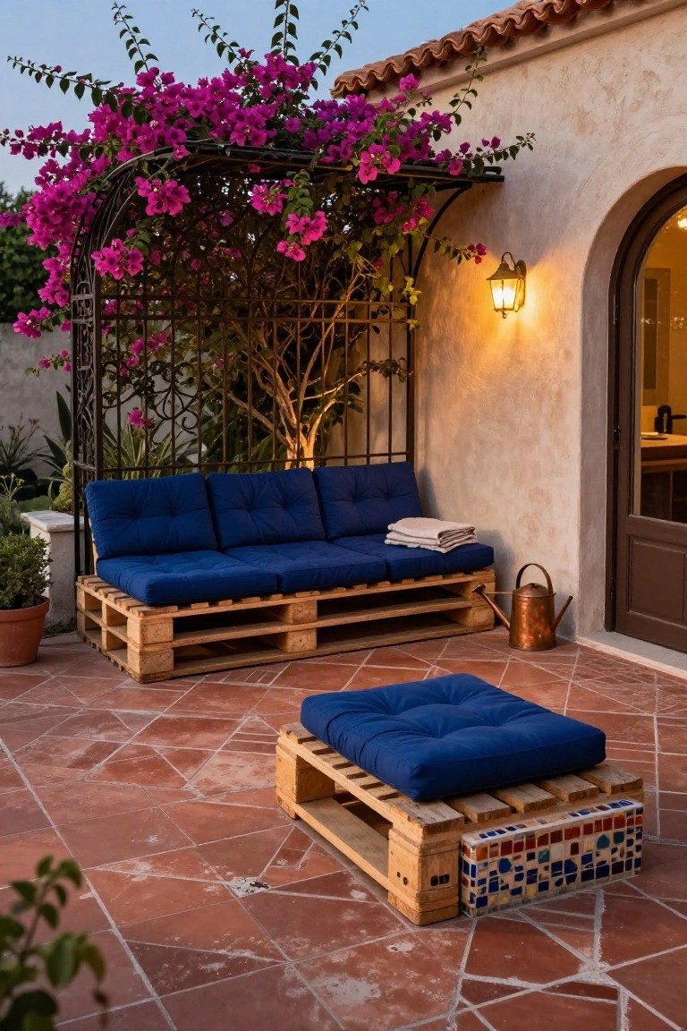 Blue cushioned sofa and footstool made from wooden pallets on a terracotta tile patio under a wrought iron archway covered in pink bougainvillea flowers next to a beige stucco wall and arched doorway.