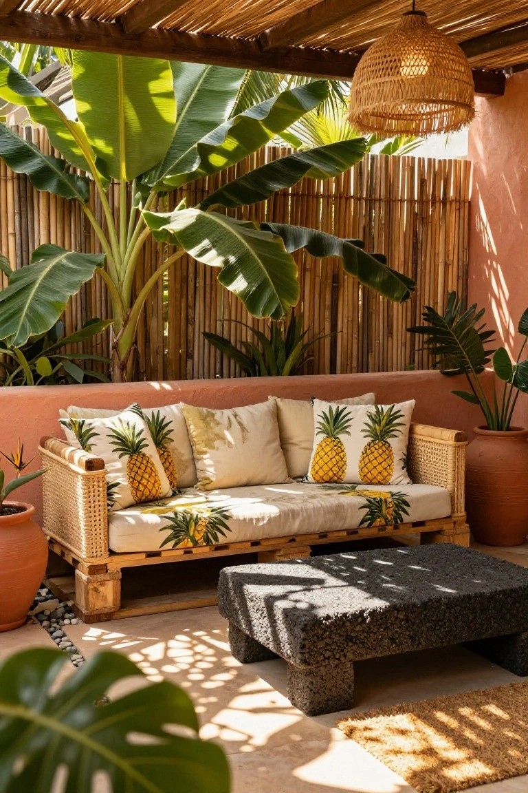 Outdoor patio under thatched roof with low pallet-based sofa covered in fabric and featuring yellow pineapple cushions on white pillows, surrounded by large banana plants, bamboo fencing, potted greenery, and terracotta pots.