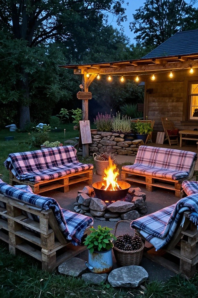 Wooden pallet sofas with plaid blankets arranged in a circle around a stone-ringed metal fire bowl on a paved patio under a pergola with string lights, surrounded by plants and rocks near a cabin.