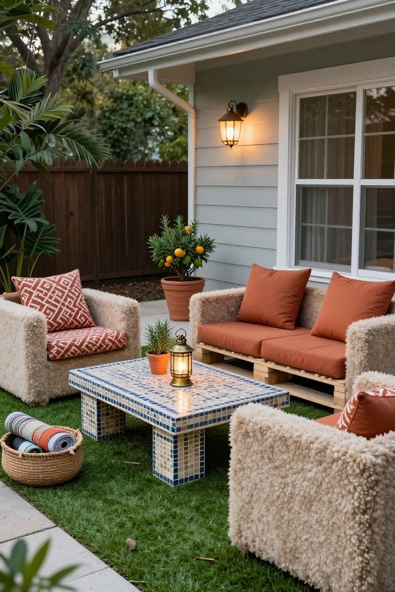Outdoor patio with cream shearling-covered chairs and sofa on wooden pallet bases, orange cushions, blue and white tiled coffee table, potted plants, lanterns, and artificial grass next to a gray house with window.