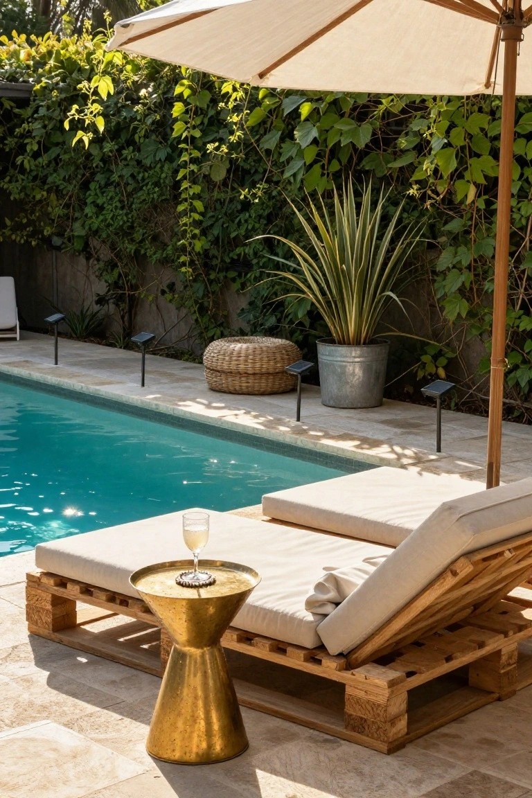 Beige cushioned lounge made from wooden pallets positioned next to a turquoise pool on a stone patio, with a brass side table holding a wine glass, a white umbrella overhead, potted plants, and greenery along a fence.