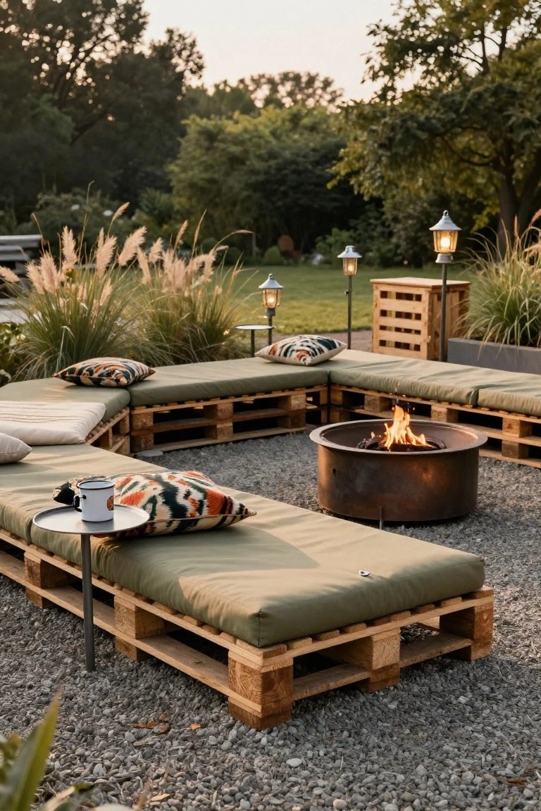 Curved outdoor seating made from stacked wooden pallets with cushions surrounds a round metal fire pit on a gravel surface, with pampas grass, lanterns, and garden lamps nearby.