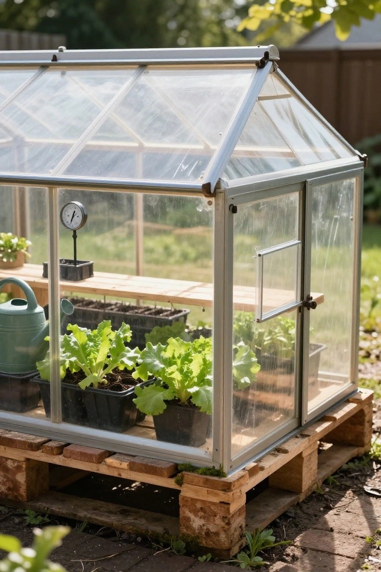 Small glass greenhouse elevated on wooden pallets in a backyard, with young plants in pots and trays inside, a watering can, and a thermometer on a wooden shelf.