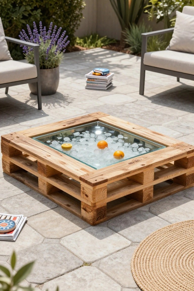 Wooden pallet coffee table with glass top over ice cubes and orange slices on a tiled outdoor patio next to lounge chairs, potted plants, and books.