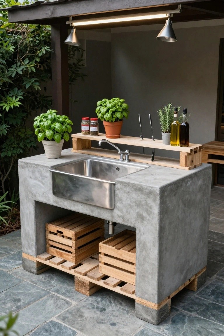 Concrete outdoor sink counter with stainless steel sink on wooden pallet base, wooden shelf holding herb pots, spice jars, and oil bottles above the sink, on tiled patio with surrounding greenery and covered roof.