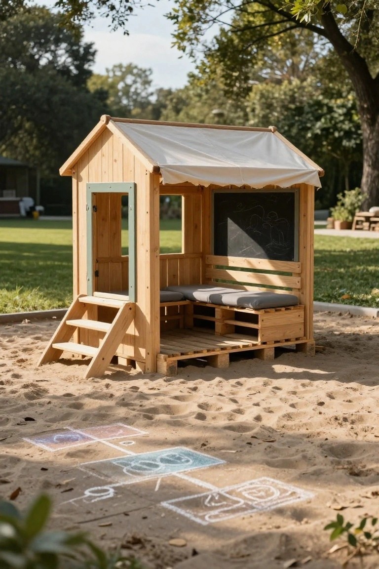 Wooden playhouse built from pallets with steps, cushioned benches, chalkboard side, and fabric awning, positioned in a sand pit area with hopscotch drawings nearby, surrounded by grass and trees.
