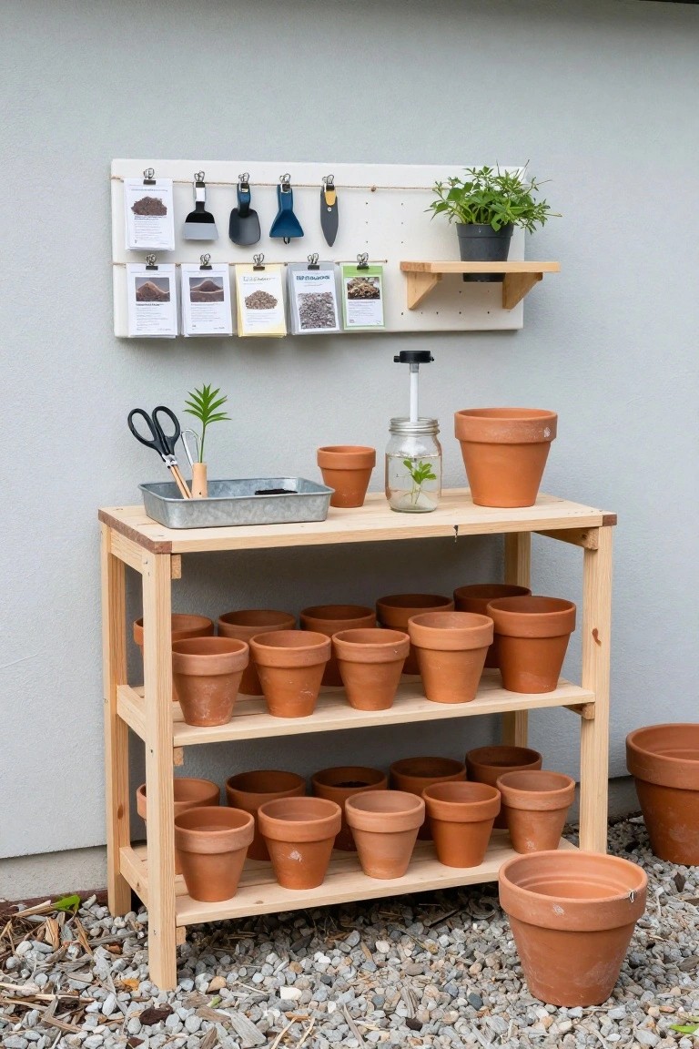 Wooden pallet shelf unit against a light gray exterior wall, stocked with multiple terracotta pots on shelves, a metal tray with tools and soil on top, seed packets and gardening implements hung on a pegboard above, potted plants and jars nearby on the ground.
