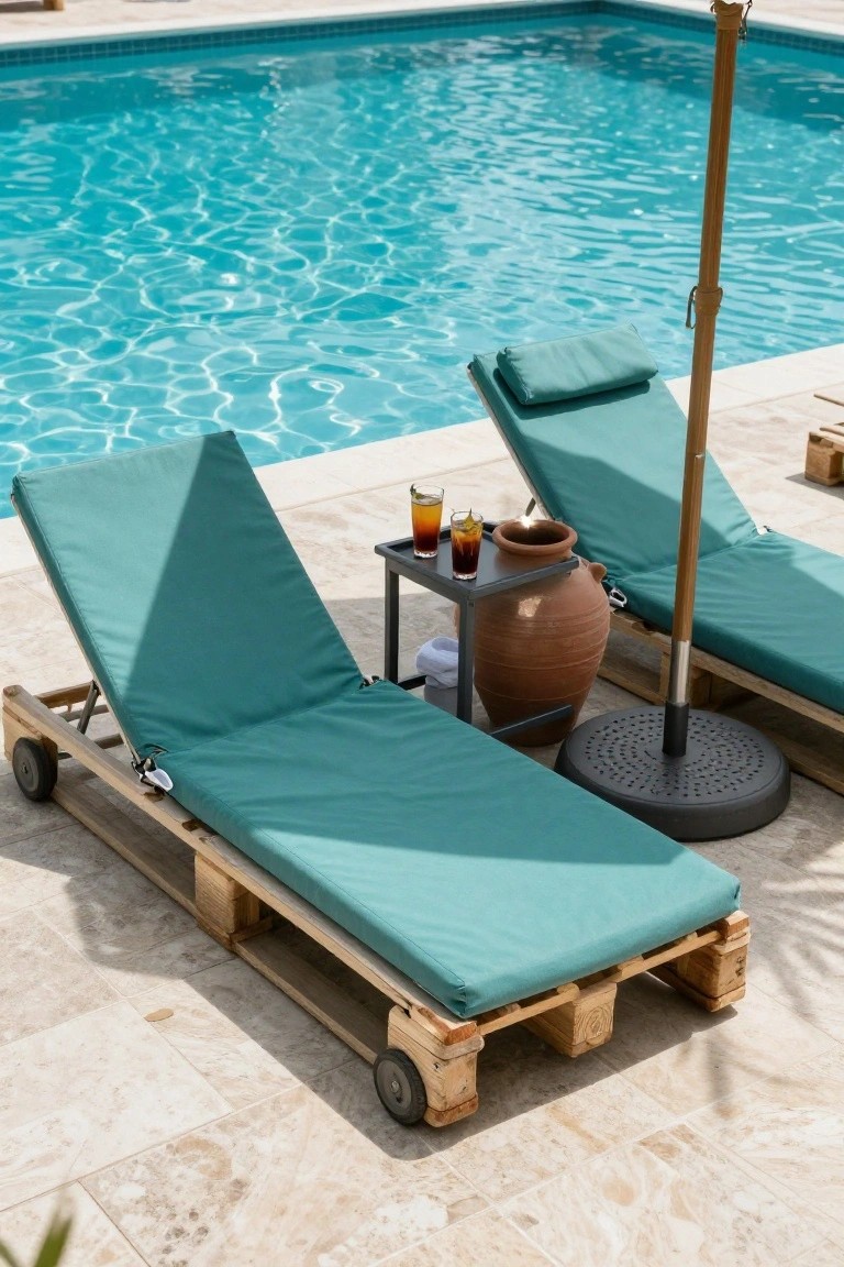 Two teal-cushioned lounge chairs constructed from wooden pallets beside a swimming pool, with a small metal table holding drinks, a terracotta pot, towels, and nearby umbrellas and another lounger.