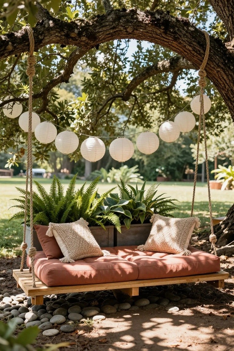 Rope-suspended wooden platform bed with coral cushions, knotted white pillows, and potted ferns, hanging from a large tree branch under string lights in a garden setting.
