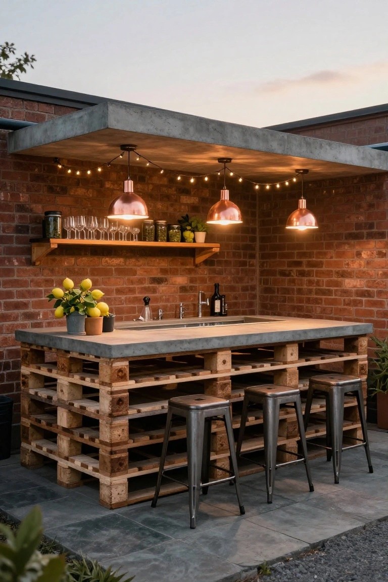 Outdoor bar counter built on wooden pallets with gray concrete top, four metal stools, brick wall behind with shelves, pendant lights, string lights, plants, and lemons on the counter.