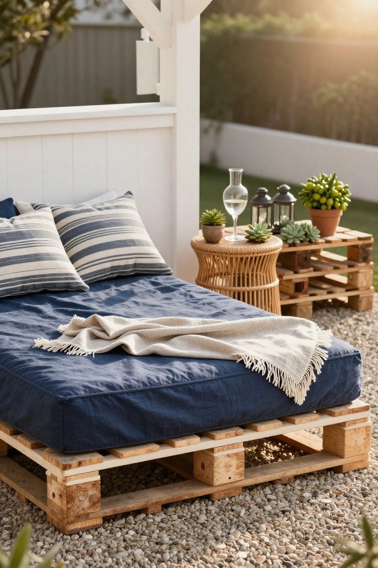 Wooden pallet daybed with blue linen mattress, striped pillows, gray fringed throw, rattan side table, potted succulents, glass of wine, and lanterns on gravel patio under white pergola structure