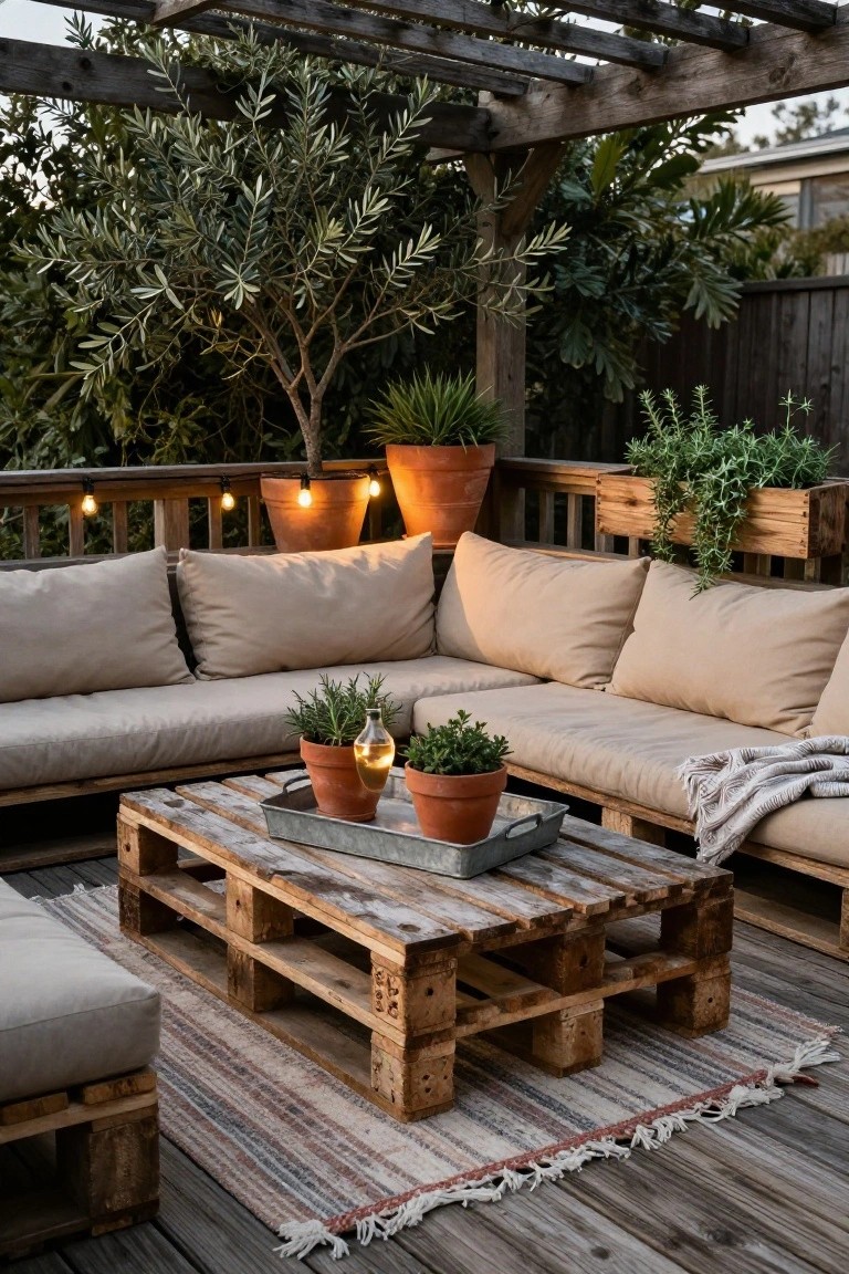 Wooden pallet corner sofa with beige cushions and low pallet coffee table holding potted plants on a deck under a pergola with string lights, olive trees, and ferns nearby.
