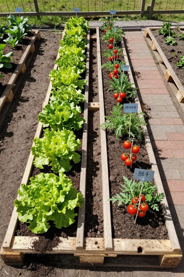 Raised wooden pallet garden beds in a backyard with rows of green lettuce plants, tomato plants bearing red fruit, labeled stakes, a brick path nearby, and a wire fence enclosure.