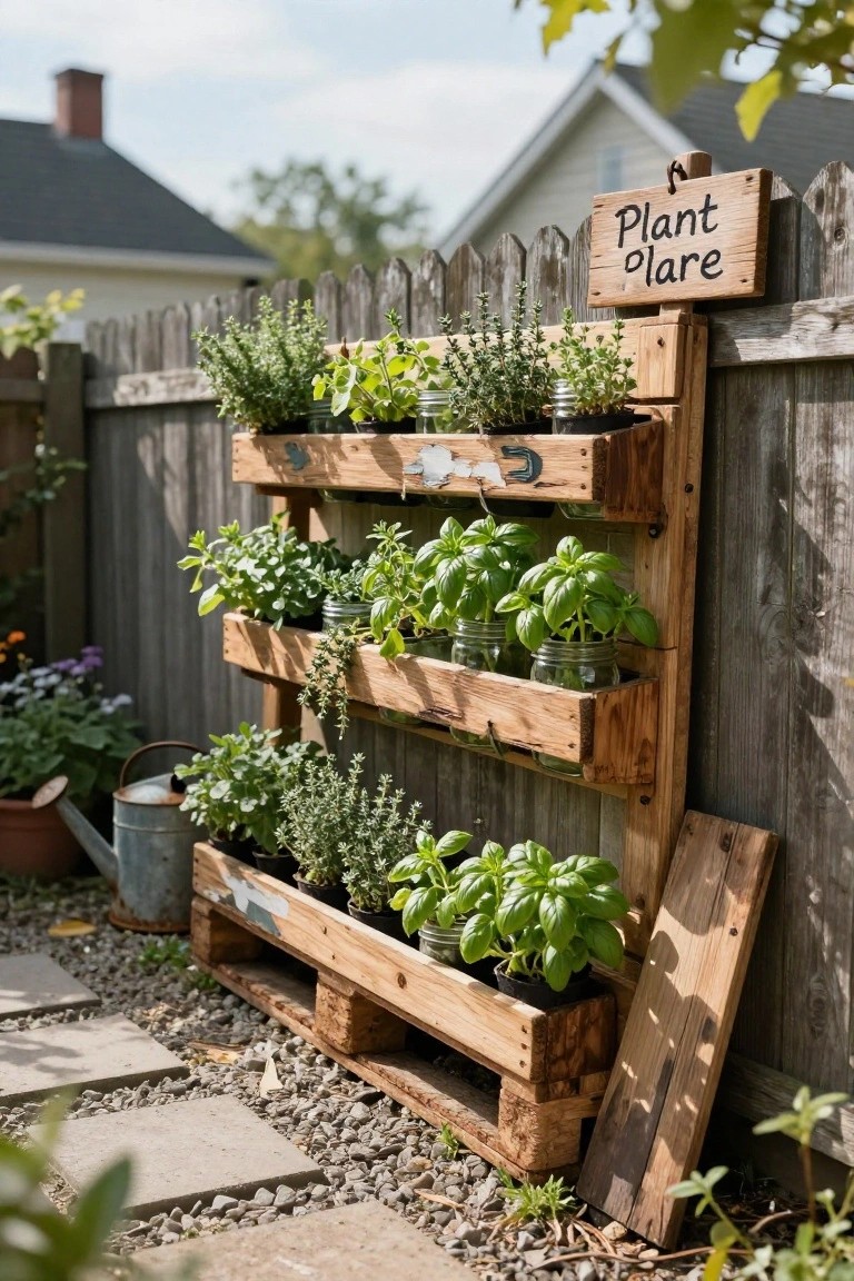 Wooden pallet mounted vertically on a backyard fence as a planter holding herbs in mason jars and pots, with a gravel path, watering can, and nearby flowers.