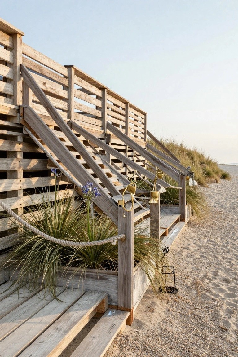 Wooden slatted stairs and fences with rope railings ascending from sandy beach dunes, featuring dune grass, agapanthus flowers, and metal lanterns.
