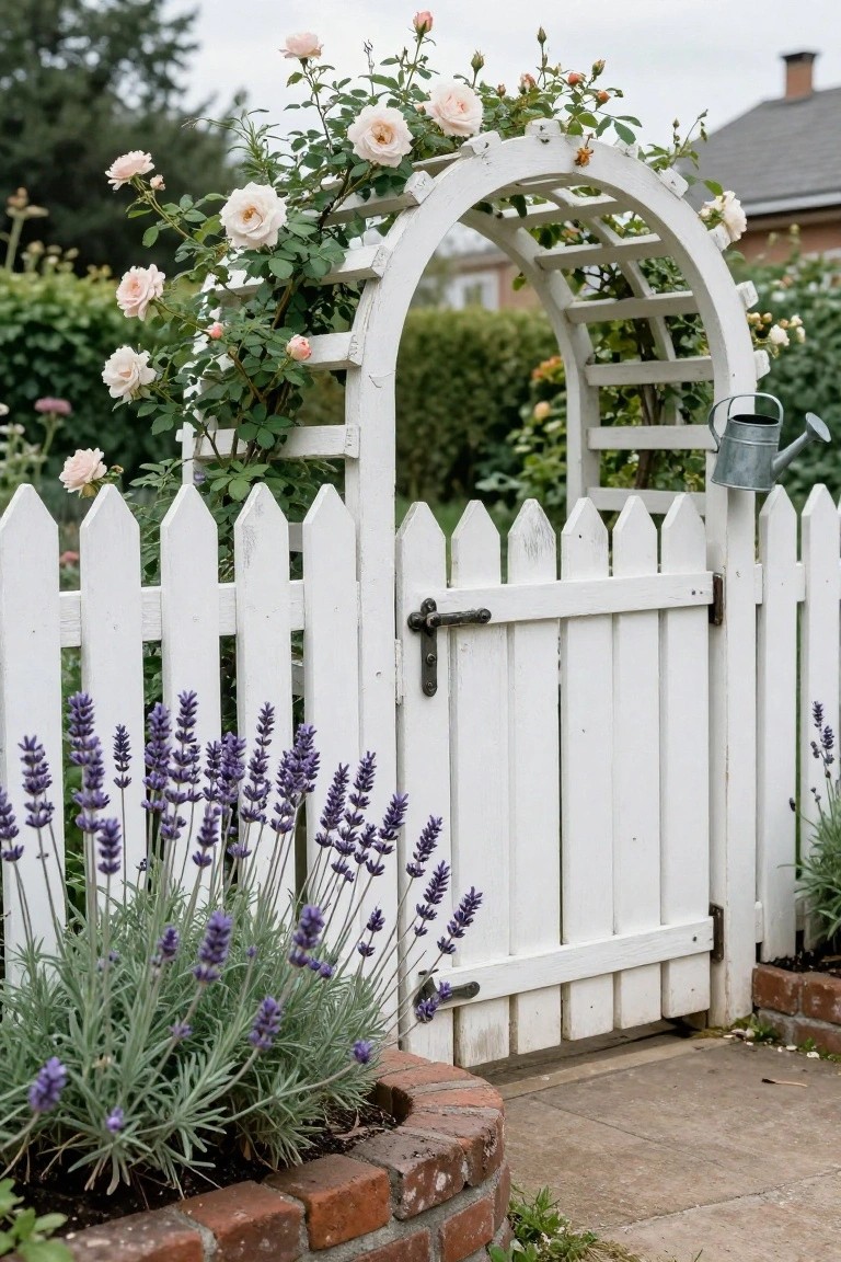 White picket fence gate with arched trellis covered in pink climbing roses, purple lavender plants in a brick-edged bed beside it, and a metal watering can hanging on the fence post.