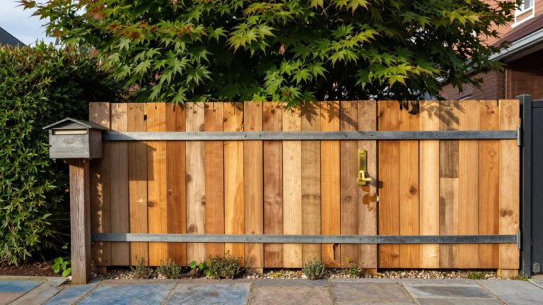 Wooden vertical slat gate in a garden fence with gray metal hinges, brass doorknob, wooden mailbox on post, hedges, gravel ground cover, and gray paver path.