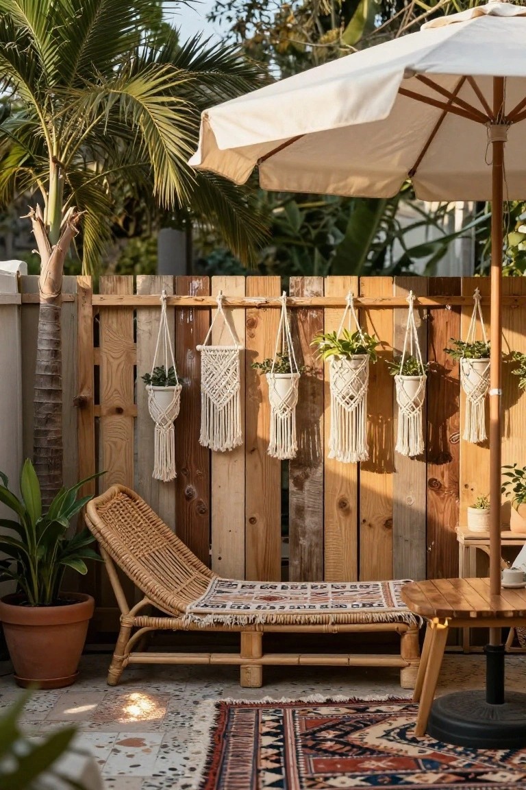 Outdoor patio featuring a wooden slat fence with five white macrame hanging planters containing greenery, a rattan chaise lounge with patterned blanket, side table, potted plants, beige umbrella, and patterned rug on tiled floor.