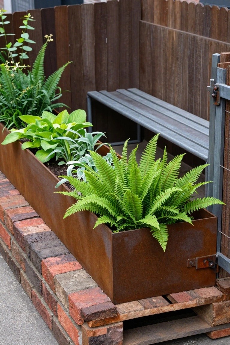 Long rectangular corten steel planter box filled with ferns, hostas, silver foliage plants, and other greenery along a wooden slat fence, with brick edging on a pallet base and a metal bench nearby.