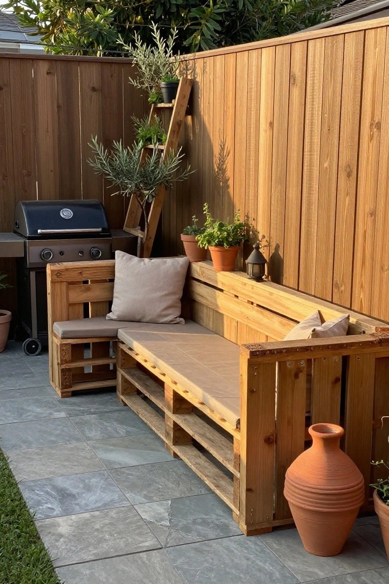 Wooden pallet bench with beige cushions and pillows on a paved patio next to a black barbecue grill, potted plants, and a wooden fence.
