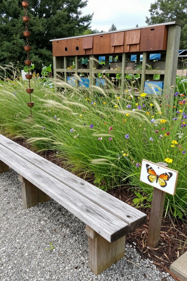 Tall wooden frame with multiple rectangular nesting boxes and wood panels in a garden bed of tall ornamental grasses, wildflowers, and mulch, next to a weathered wooden bench on gravel and a sign with an orange and black butterfly.