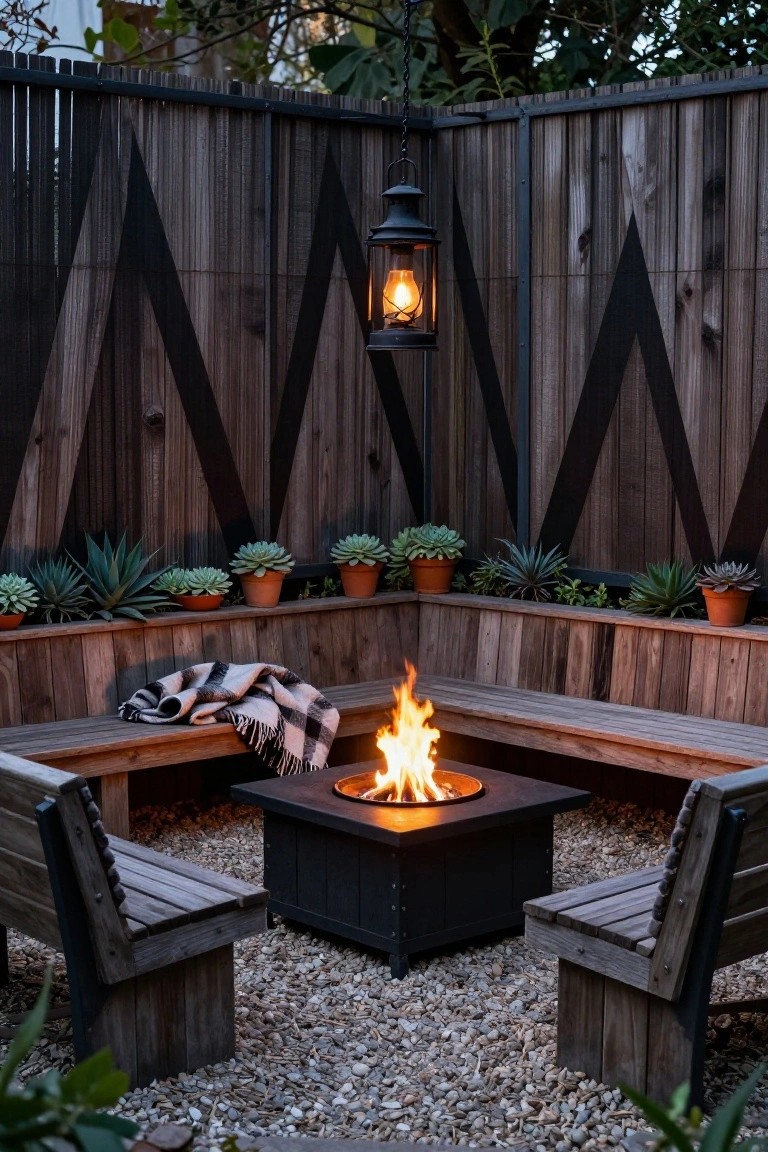 Corner outdoor seating area with square black fire pit table burning, wooden benches, checkered blanket, potted succulents on bench ledge, dark wood pallet fence with black chevron patterns, hanging lantern, and gravel ground.