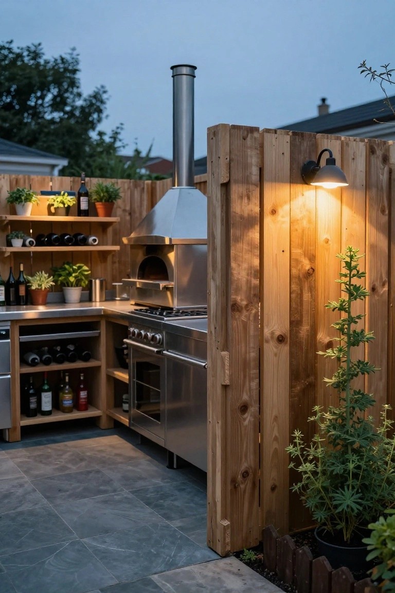 Wooden slat fence enclosing an outdoor kitchen with stainless steel pizza oven, gas grill, cabinets, wine racks, potted plants, and wall light.
