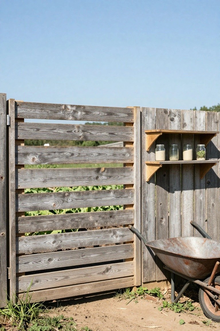 Weathered horizontal slat wooden fence gate with attached shelf holding mason jars, a leaning metal wheelbarrow, and garden plants visible through the slats on dirt ground under blue sky.