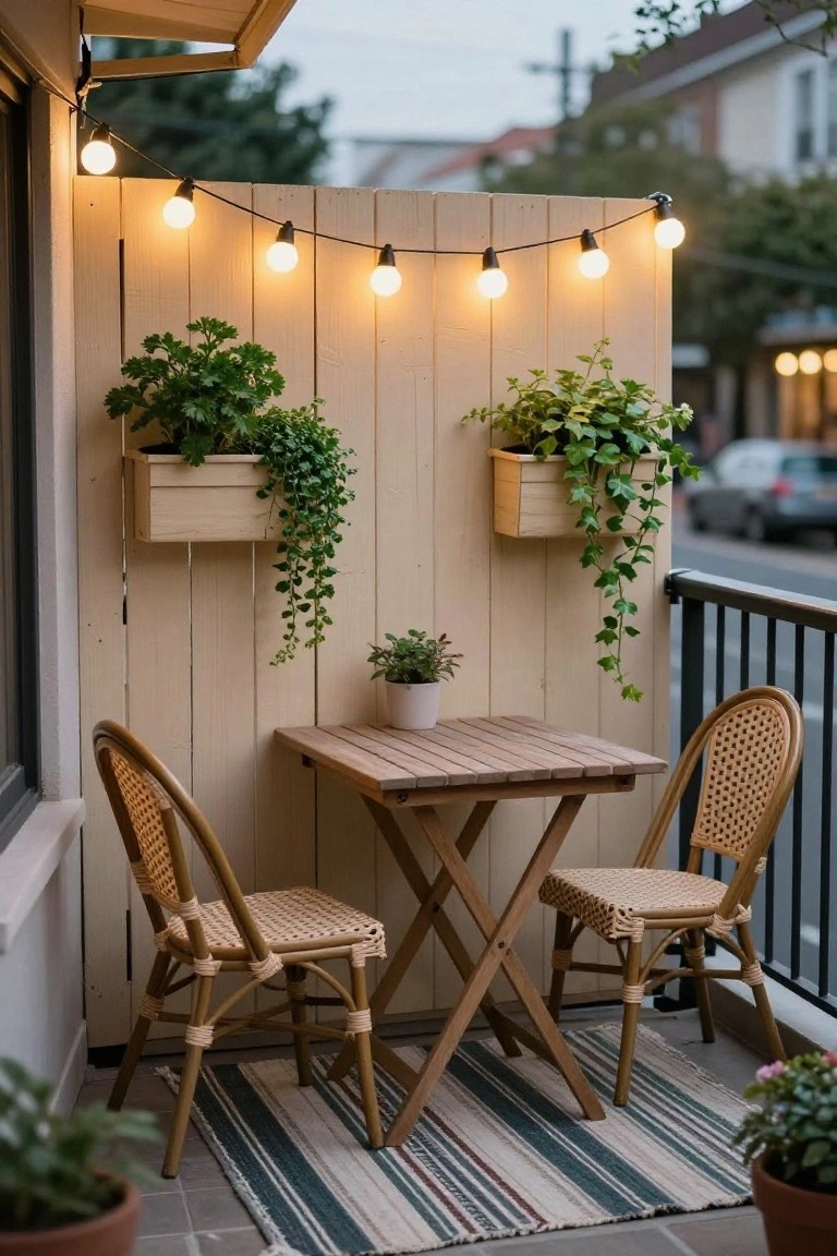 A small balcony features a tall light wooden pallet fence as a backdrop with string lights, hanging wooden planters with trailing plants, a folding wooden table, two rattan chairs, a striped rug, and potted plants on the floor.