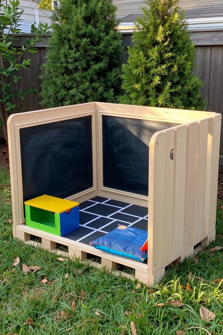 Wooden play structure made from pallets in a backyard, with three chalkboard-paneled walls, yellow stool, green storage bin, blue cushions, and black-and-white checkered floor mat inside, grass and trees around it.