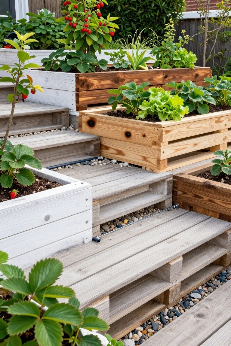 Outdoor wooden steps constructed from pallets, lined with raised garden beds made from white and wooden crates planted with strawberries, lettuce, herbs, and other greens.