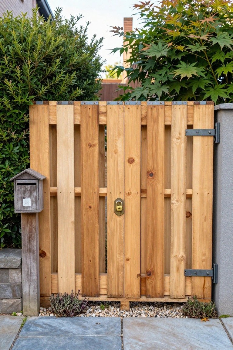 Wooden vertical slat gate in a garden fence with gray metal hinges, brass doorknob, wooden mailbox on post, hedges, gravel ground cover, and gray paver path.