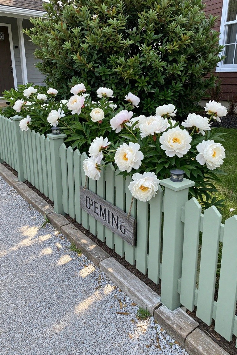 Pale green wooden picket fence along a gravel driveway edge, with clusters of white and pink peony flowers growing over it, a rustic wooden sign reading DEMING attached to the fence, shrubs and a house visible in the background.