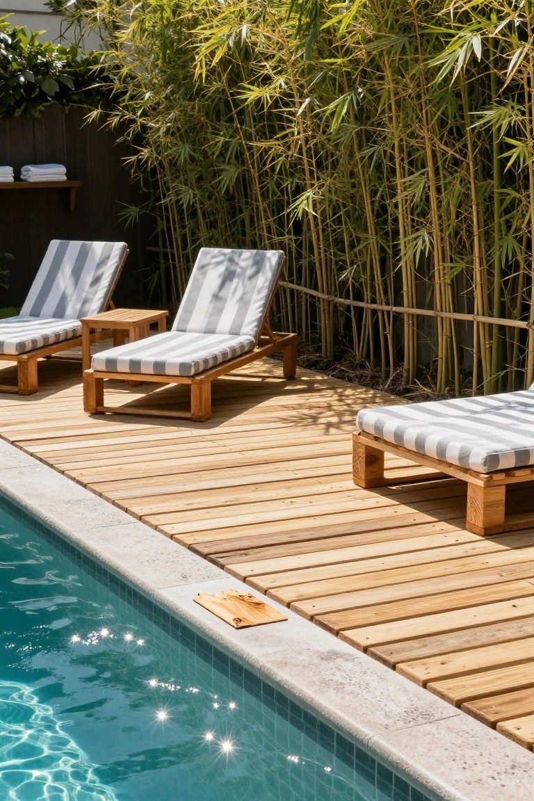 Wooden deck alongside a turquoise tiled pool edged in stone, featuring three striped lounge chairs, a small side table, folded towels on a wall shelf, a cushioned pallet ottoman, and tall bamboo pole screening in the background.