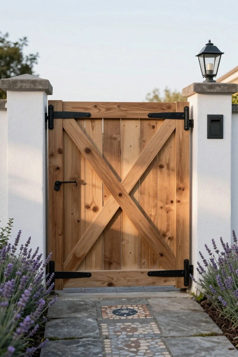 Wooden gate with X-bracing and black strap hinges mounted between white stucco pillars, next to lavender plants along a stone pathway with mosaic tile detail.