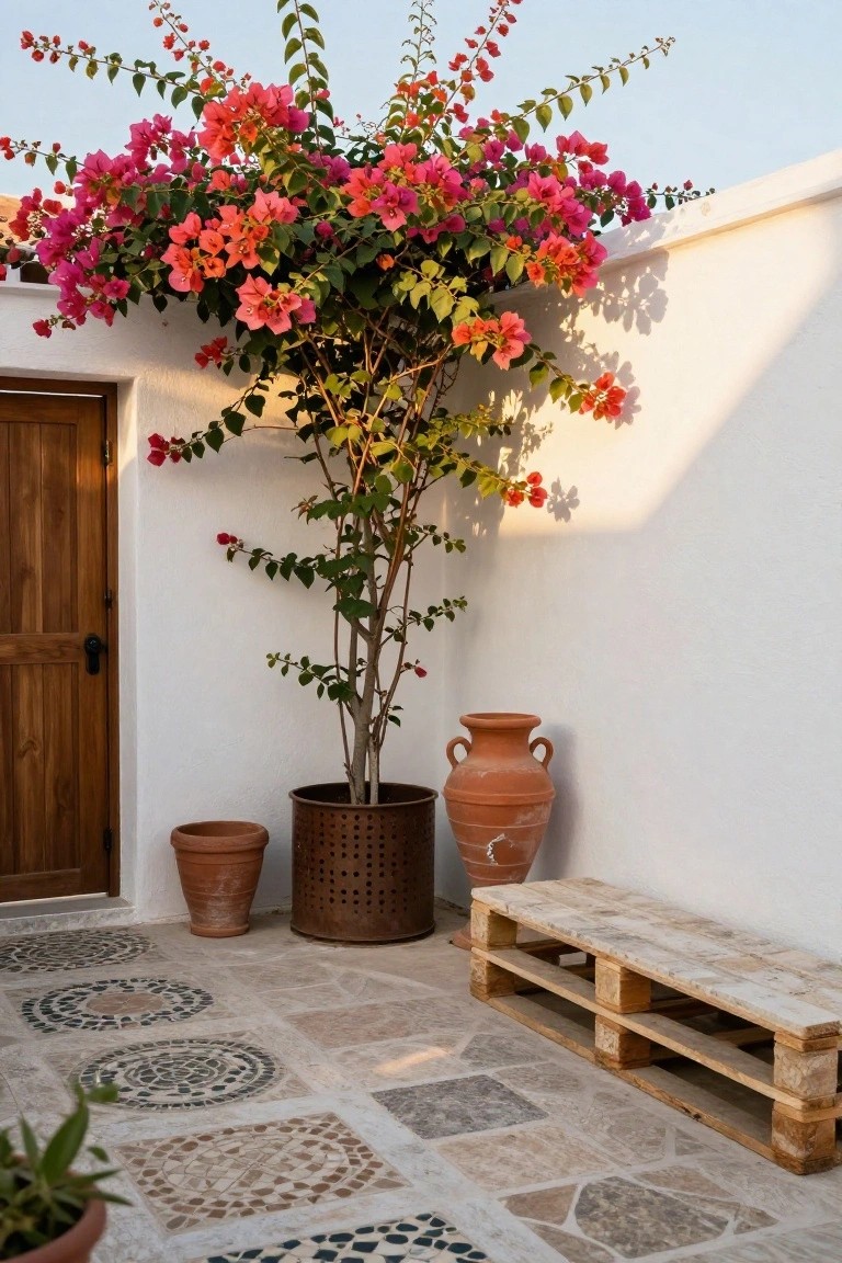 White stucco exterior wall with brown wooden door, large potted bougainvillea plant with pink flowers, terracotta pots, and weathered wooden pallet bench on patterned stone tile patio floor.