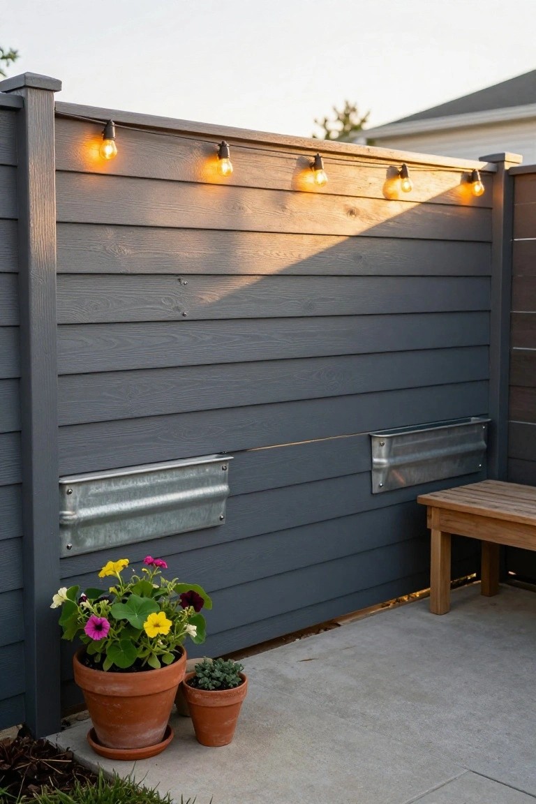 Gray horizontal wood slat privacy fence with string lights clipped along the top edge glowing warmly, two galvanized metal trough planters mounted on the fence filled with colorful trailing flowers, wooden bench on concrete patio next to two terracotta pots with plants.