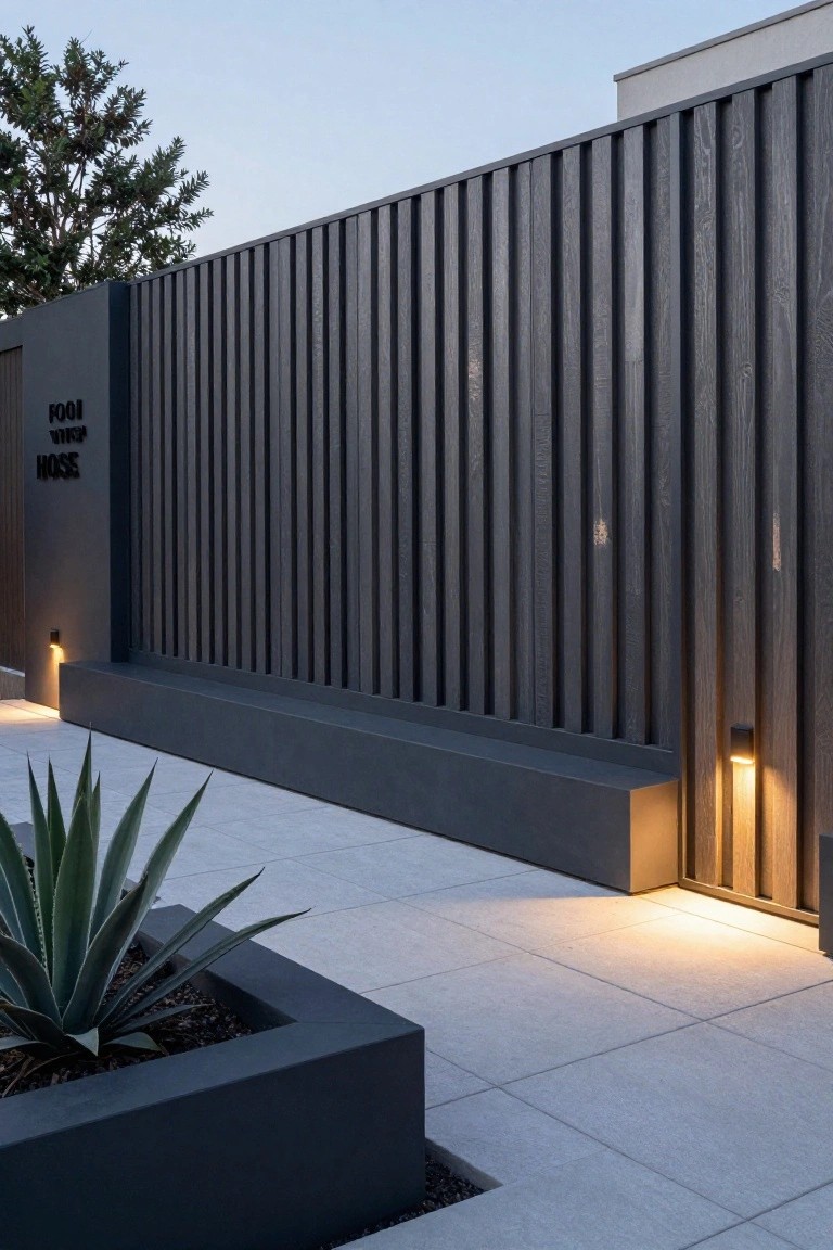 Dark vertical wood slat fence next to a concrete pool house wall with 