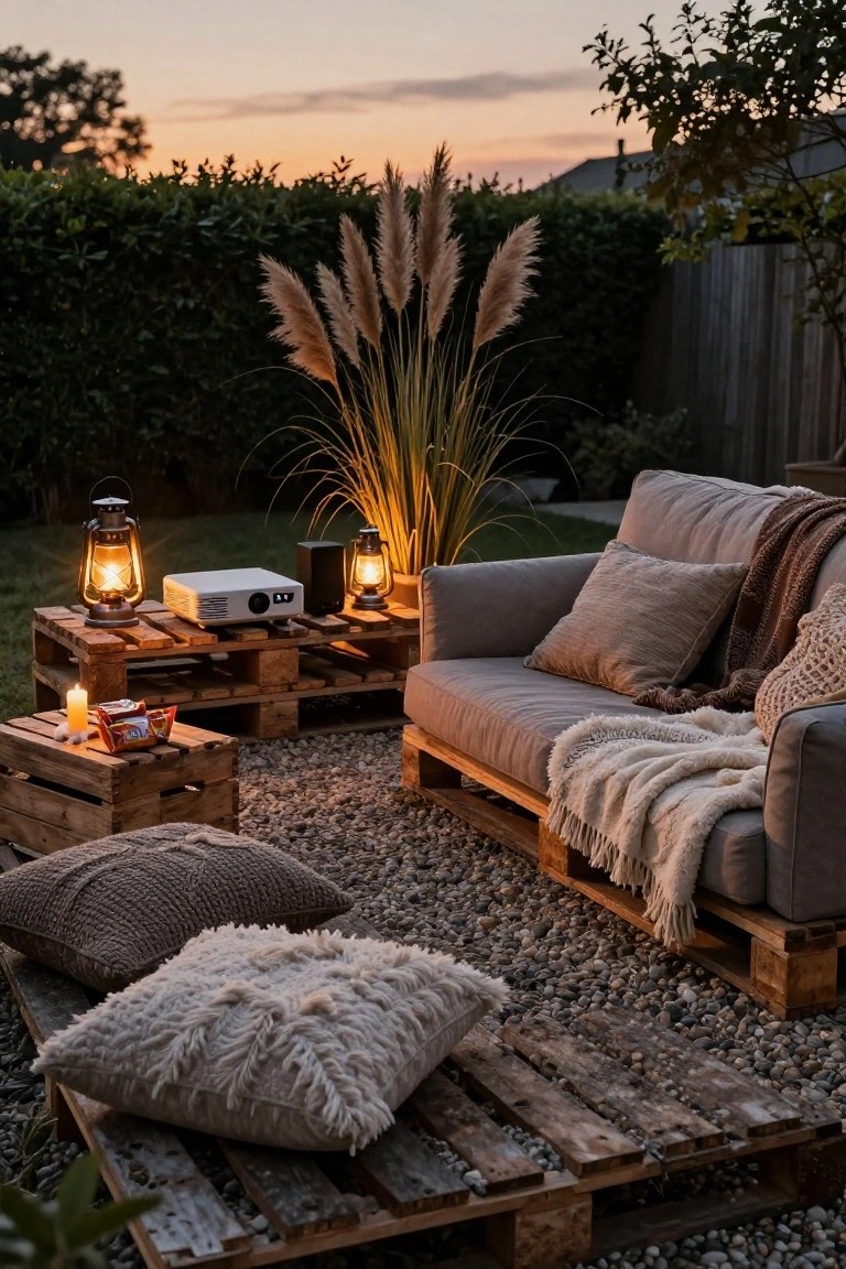 Backyard gravel patio with wooden pallet sofa, side tables, projector, lanterns, pampas grass, cushions, blankets, and hedges at dusk.