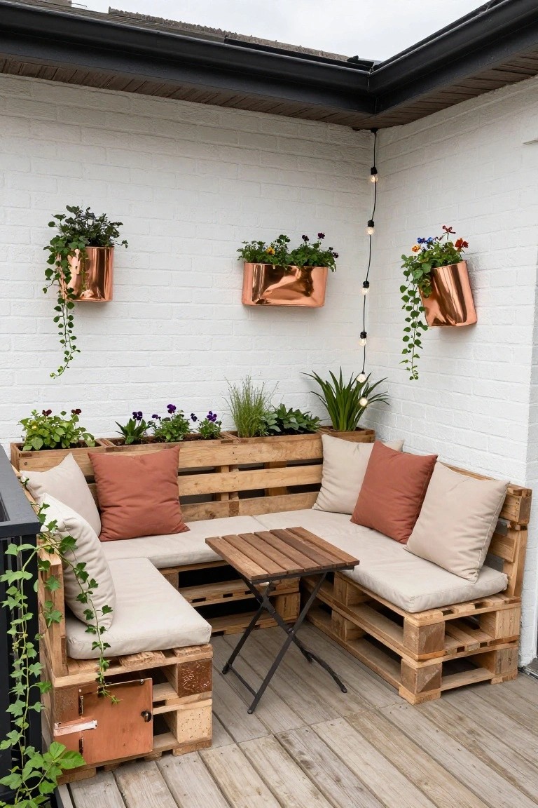 Outdoor pallet seating with copper planters and string lights.