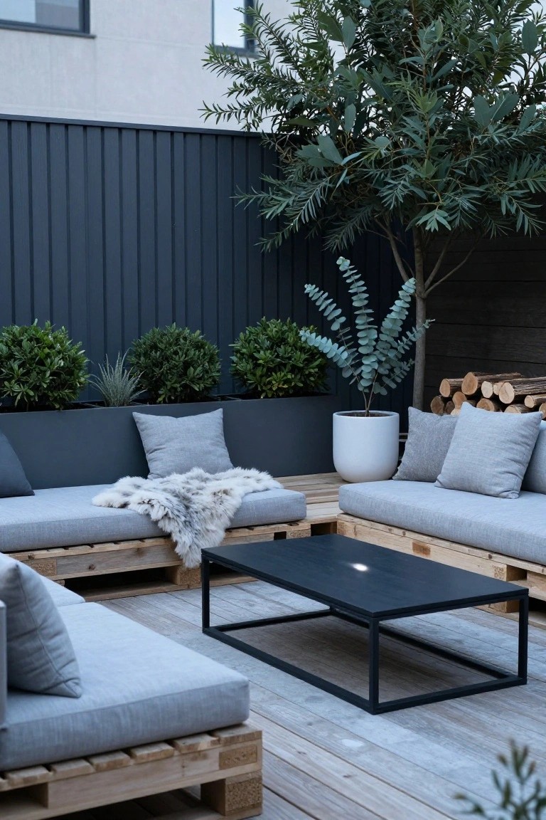 Modern outdoor patio with pallet sofas, black coffee table, and potted plants.