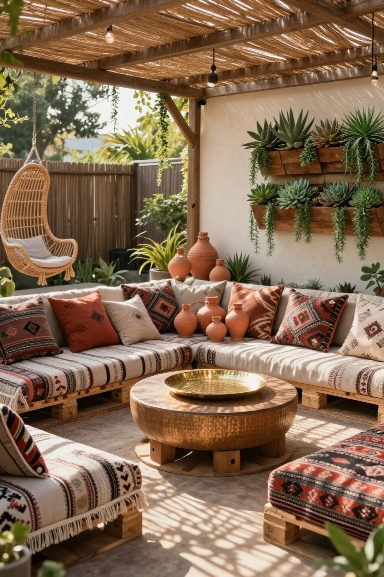 Outdoor patio under a thatched pergola featuring an L-shaped sofa built from wooden pallets with assorted patterned cushions, a hammered copper drum table, terracotta pots, hanging plants, and succulents on white walls.