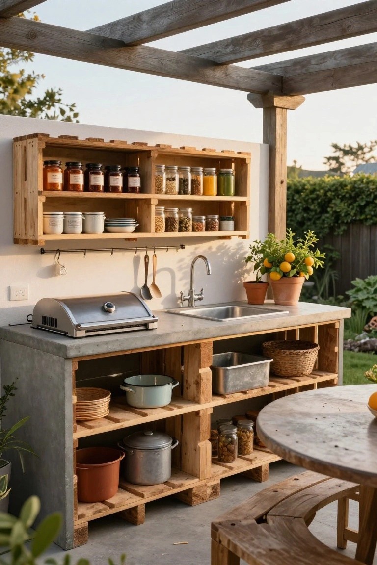 Outdoor kitchen featuring pallet wood open shelves stocked with jars and cookware, lower cabinets with pots and baskets, concrete countertop with sink and built-in gas grill, under a wooden pergola next to potted plants and garden.