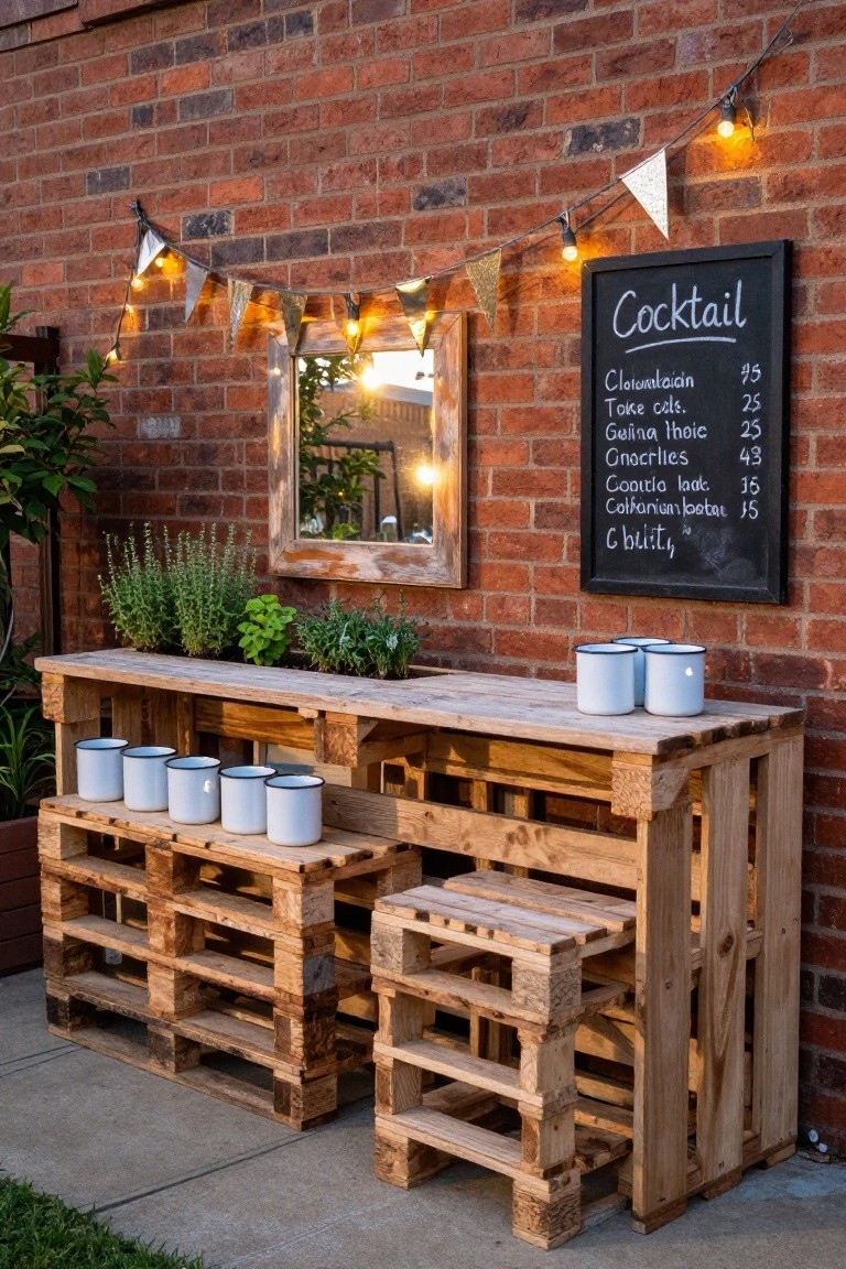 Wooden pallet bar counter and stools in a backyard against a brick wall, with potted herbs, white enamel mugs, a blackboard cocktail menu, string lights, and bunting.