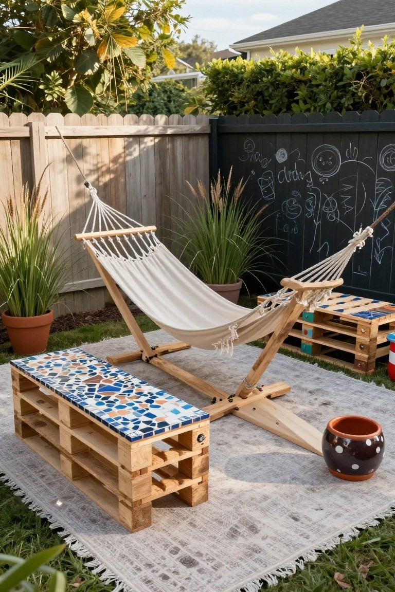 Backyard scene with a wooden pallet bench topped by colorful blue, orange, and white mosaic tiles on a gray rug, next to a white hammock stand, potted plants, and a black fence with children's chalk drawings.